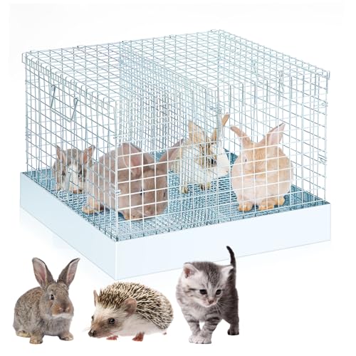 DoubleFill 2 Hole Foldable Rabbit Transport Cage, 16 x 14 x 12 in Portable Metal Bunny Carrier with Tray & Handles for Travel Temporary, Small Animal Cage for Guinea Pigs Hamster Indoor Outdoor - color: Sliver, size: 17.9"L x 17.9"W x 3.7"H