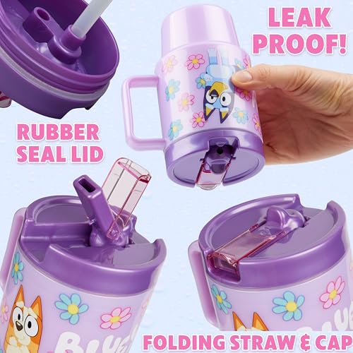 Get Trend Bluey Kids Water Bottle with Straw 16.9 oz BPA Free Plastic Cup with Lid Handle Reusable Drinking Tumbler for School Gifts for Kids (Purple Bluey) - color: Purple Bluey