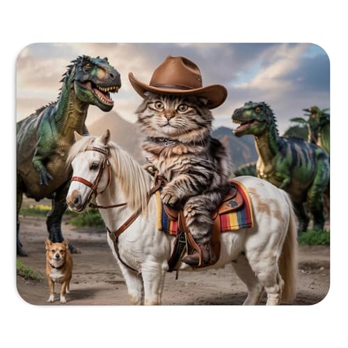 Mousepad Cowboy Cat Riding Horse with Dinosaurs Funny Western Humor Desk Accessory Unique Creature Scene Colorful Computer Mouse pad Novelty Gaming Mouse Mat Office Decoration Pet Lover Aesthetic - color: Cowboy Cat