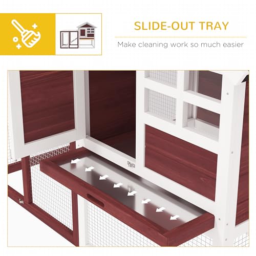 PawHut 49" Wooden Rabbit Hutch Bunny Cage with Fun Outdoor Run Brown | Waterproof Asphalt Roof, Removable Tray and Ramp, for Rabbits, Chickens, Ducks - color: Brown and White