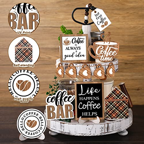 FairySandy 11 Pcs Coffee Tiered Tray Decor Coffee Time Rustic Farmhouse Tiered Tray Decorations Set Home Wooden Signs Vintage Farm Animal Farmhouse Tabletop Wood Signs for Kitchen Table Shelf Decor - style: Delicious Coffee