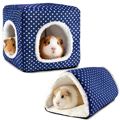 Guinea Pig Hideout, Dwarf Rabbit Bed with Play Tunnel, Washable Fleece House for Dwarf Bunnies, Chinchillas, Hedgehogs, Small Animal Cage Accessories Blue Dot - color: Blue