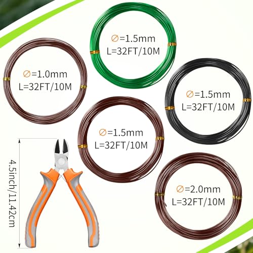 Mudder 5 Roll Aluminum Bonsai Training Wire Tree 1/1.5/2.0mm 160 Feet Total with Bonsai Wire Cutter Anodized Training for Holding Branches Small Trunks(Colorful) - color: Colorful, size: 1/1.5/2.0mm
