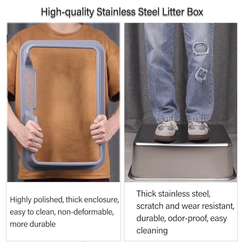 Stainless Steel Litter Box with Lid Cover Mats Scooper, Kitten Litter Box Low Entry, Suitable for Small Space Senior Cats, Side Entry, Grey Enclosure - size: Medium