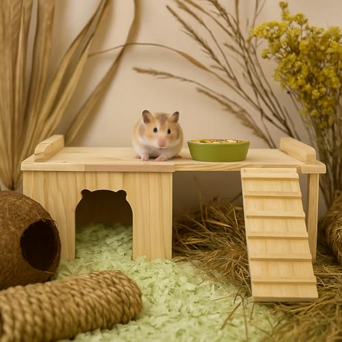 Hacaroa Wooden Hamster Hideout with Ladder, Large Hamster Platform Guinea Pig Hide Play House, Small Animals Climbing Toy Chinchillas Cage Accessories for Syrian Hamsters, Rats, Gerbils