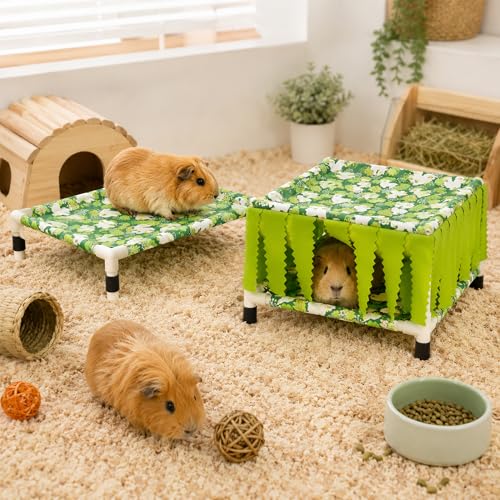 Guinea Pig Hideout with Fringe Curtain, Guinea Pig Bed | Small Animal Tent Hideaway, Stable Shelter Hut for Guinea Pig, Rabbit, Ferret, Chinchilla, Rat and Squirrel - color: Green