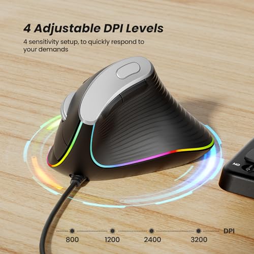 Nulea M504 Wired Vertical Mouse, USB Optical Ergonomic Mouse Wired with 4 Adjustable DPI, 11 RGB Backlight Modes, Compatible for Laptop, PC, Desktop, Mac, Black - color: B-Black