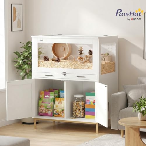 PawHut Hamster Cage with Storage Cabinet for Bunny Rat 30" x 19.5" x 36" | Small Animal Cage, Pull Out Drawer, Acrylic Panels, Ventilated, Large Guinea Pig Habitat, for Hedgehog, Gerbil