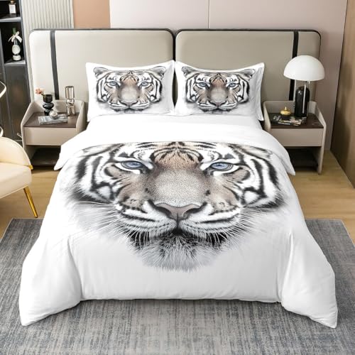 Erosebridal Boys Tiger Bedding Set Full Size, 100% Cotton Wild Animal Print Duvet Cover for Boys Girls Teens Adult Bedroom, Grey Tiger Skin Comforter Cover Black White Stripe Quilt Cover for Bedroom - color: Multi 09, size: Full (No Comforter)