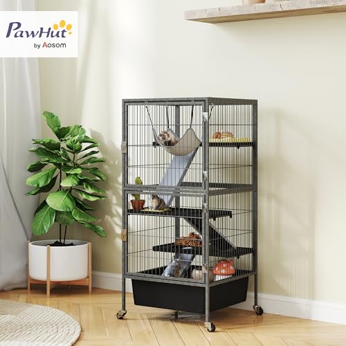 PawHut 45 Inch Small Animal Cage, 4-Tier Rolling Ferret Chinchilla Rabbit Cage with 6 Inch Deep Slide-Out Tray, Platforms, Hammock, for Bunnies, Ferrets, Chinchillas, Squirrels, Gray | Ferret Chinchilla Rabbit Cage, 6 Inch Deep Slide-Out Tray, Platforms,