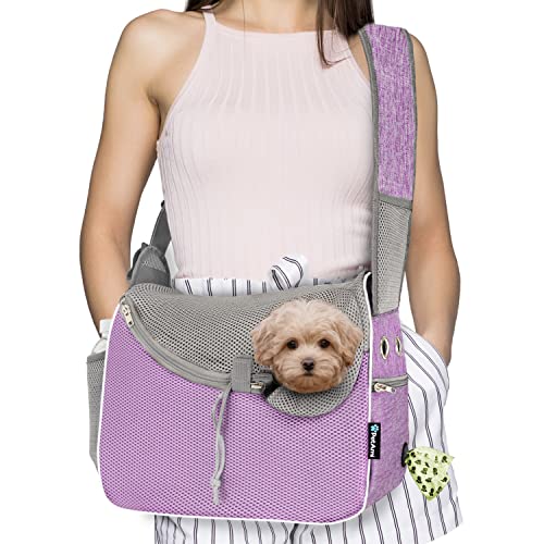 PetAmi Dog Sling Carrier Small Dogs, Hands Free Crossbody Carrier, Purple | Under 10 lbs, Puppy Cat Pet Travel Gift, Breathable Mesh, Padded Strap, Removable Sherpa Bed, Pockets & Poop Bag Dispenser - color: Purple