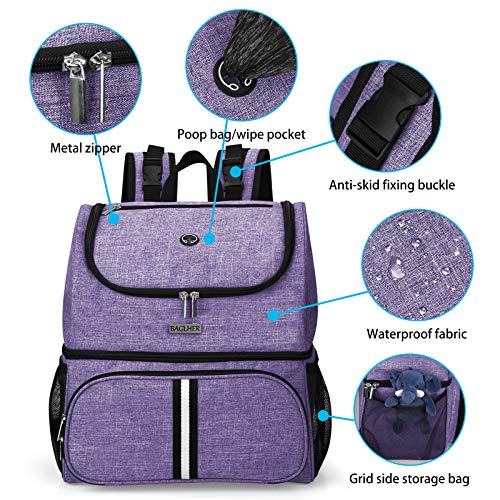 BAGLHER Pet Travel Bag, Double-Layer Pet Supplies Backpack (for All Pet Travel Supplies), Pet Travel Backpack with 2 Silicone Collapsible Bowls and 2 Food Baskets Purple - color: Purple