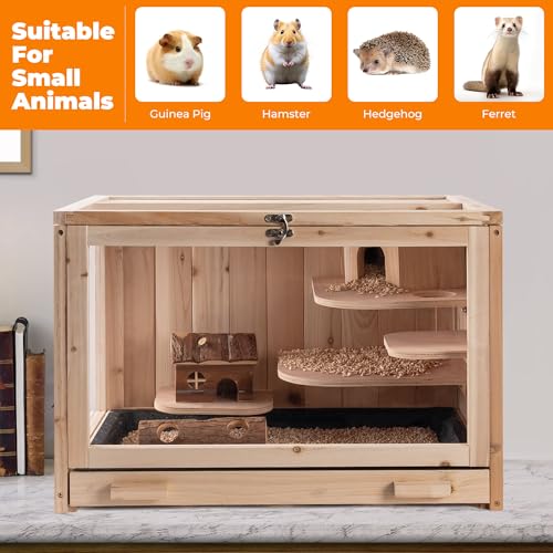 RUNSHED Hamster Cage Wooden Chew Proof, Large Hamster Cages and Habitats, Openable Top with Acrylic Sheets, Solid Built Small Animal Cage,Easy to Assemble