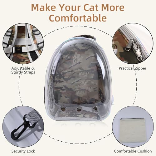 Expandable Cat Carrier Backpack with Bubble Window, Camo | Breathable mesh, anti-collapse frame, side door, safety leash and escape-resistant zippers for vet visits and outdoor travel. - color: Camo