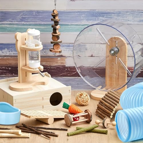 20 Pcs Hamster Toys Set, 16 Small Animal Chewing Toys, Maze Wood House, Silent Exercise Running Wheels and Water Bottle Set Feeding Bowl for Hamster Habitat Rat Cage Accessories (Blue) - color: Blue