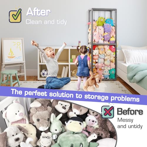 Stuffed Animal Storage Zoo Holder Space Save, PVC Stuffed Animal Organizer | Vertical Plush Toy Organizer with Elastic Band and Net, Large Capacity Stuffy Storage for Playroom Bedroom Nursery - color: Grey 1