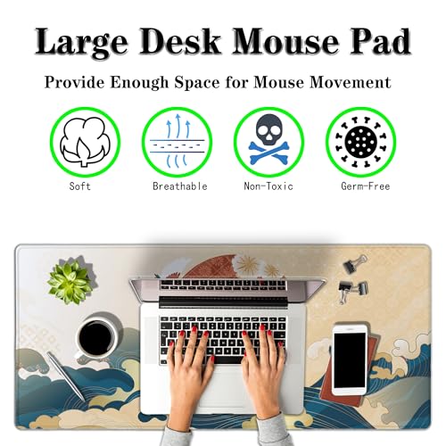 Gaming Mouse Pad Japanese Great Wave Blue Desk Pad, Big Mouse Pads Office Desk Pads, Mouse Mat Non-Slip Rubber Base Waterproof with Stitched Edges, 35.4 X 15.7 inch Oriental Pattern - color: Oriental Pattern