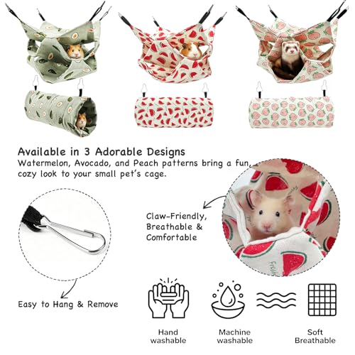 Small Animal Hammock and Tunnel Set, 3-Tier Hanging Hideout | Two-piece linen set for resting, hiding and climbing; removable hooks and padded tunnel, remove hooks before washing - color: Watermelon