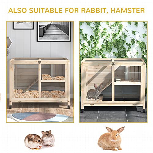 PawHut Rabbit Hutch with Wheels, Desk and Side Table Sized, Wooden Rabbit Cage, Waterproof Small Bunny Cage with Removable Tray, Openable Roof, for Indoor & Outdoor, Natural | Wooden Rabbit Cage, Waterproof Small Bunny Cage, Removable Tray, Openable Roof,