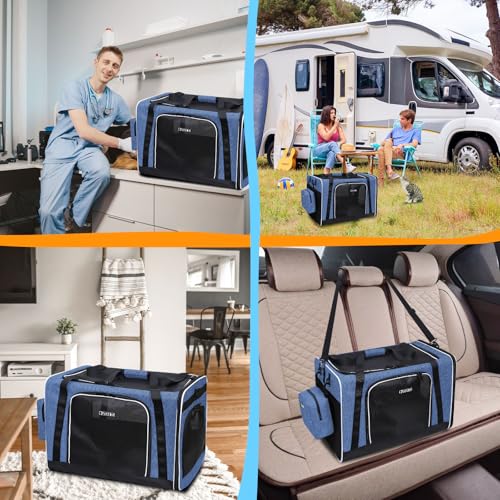 Extra Large Cat Carrier with Litter Box for Car Travel, Blue | 24"L x 17"W x 17"H, Seat Anchors and Lockable Safety Zippers, Collapsible Soft Sided, for 1 Medium-Large Cat or 2 Small Cats