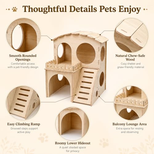 Large Guinea Pig Hideout Place, Double Layered Wooden Hamster House with ramp and Hamster Platform. Suitable for Hiding Places for Small Animals Such as Guinea Pigs, Hamsters, Rabbits, etc. - color: Castle