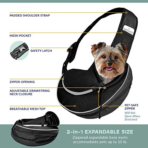 Expandable Pet Carrier Sling Bag - Small Dog, Puppy and Cat Carrier Front Shoulder Backpack w/Harness Strap - Carrying Pouch for ESA, Animal Travel - PU Leather Bottom, Mesh Pocket by Katziela (Black) - color: Black