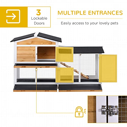 PawHut 62" Rabbit Hutch, Wooden Bunny Hutch, Guinea Pig Cage, Small Animal Enclosure with Run Area, Removable Tray, Asphalt Roof, Lockable Doors and Ramp, Nature Wood | Wooden Bunny Hutch, Guinea Pig Cage, Small Animal Enclosure, Removable Tray, Asphalt R