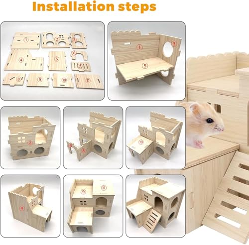Hamster Toys 5-Piece Set ，Hamster House, Swing, Climbing Ladder, Seesaw & Exercise Wheel，Pet DIY Sport Exercise Toys Set, Small Animal Habitat Accessories ，Gerbils, Mice（Natural Wood） - color: BrownE
