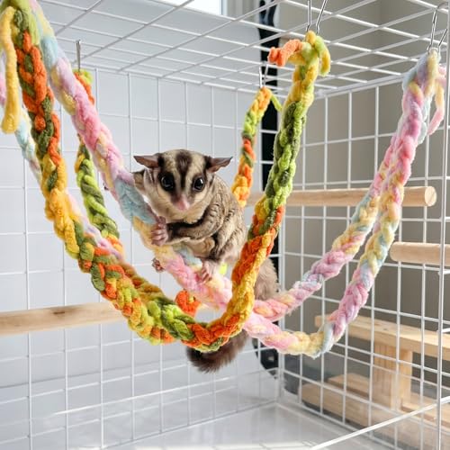 4 Pack Hanging Small Animal Toys, 60cm | Handmade Rope, Climbing and Chewing Enrichment, Mixed Colors, for Pet Rat, Hamster, Sugar Glider, Flying Squirrel Cage