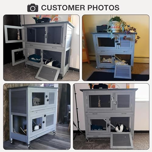 Rabbit Hutch with Trap Door Indoor Rabbit Cage with 4 Casters Bunny cage 2 Story & 2 Trays Guinea Pig Cage 36 inchs Bunny Cage - color: Grey
