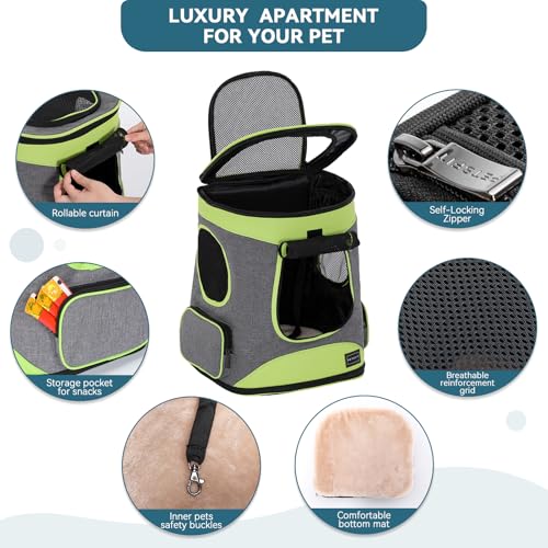 Petsfit Pet Backpack Carrier Easy-Fit Dog Travel Backpack Carrier for Hiking Walking Cycling Suitable for Small Medium Dogs Cats and Rabbits up to 22 Pounds, Green | 13.5 x 12.5 x 17.5 in; reinforced frame, 600D Oxford, 4 mesh panels, lockable zippers, sa
