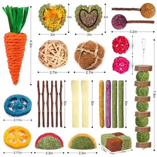 YIXUND Rabbit & Guinea Pig Toys - Natural Timothy Hay & Apple Wood Sticks for Teeth Care - Handmade for Hamster, Bunny, Chinchilla (27 Pcs) - color: 27 Pcs