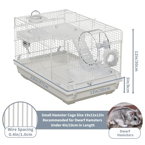Dwarf Hamster Cage Starter Kit 19x12x12in for Dwarf Hamsters Robo Hamsters | Multilevel Dwarf Hamster Cage with Silent Wheel Ø6", 2 Platforms, 2 Tube Ports, Ladders, Water Bottle, Food Bowl - color: White