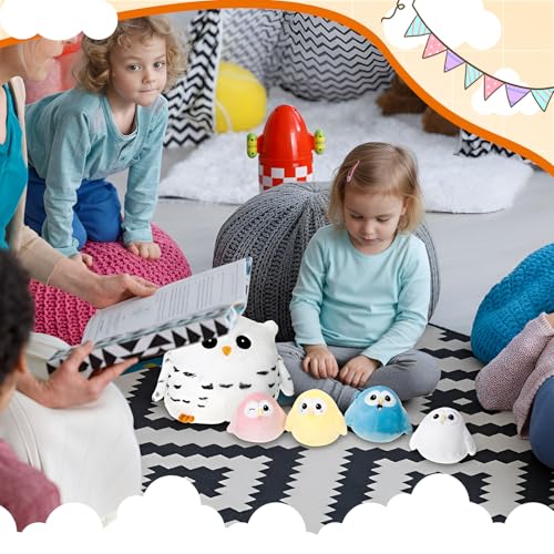 Hollowfly 5 Pcs Snowy Owls Plush Toy Gift Set 9.5" Mommy Owls with 4 Cute Pastel Babies Stuffed Animal in Zippered Butt Nurturing Plushies Toy Set for Kid Adults Birthday Party Favors Gifts - style: Colorful Owls