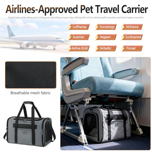 Cat Travel Carrier .Foldable Dog Carrier Bag, Soft Sided cat Carrier up to 20 Lbs,Pet Carrier Soft-Sided Escape Proof with 4 Ventilated Windows, Airline Approved Cat Carrier (Grey) - color: Grey