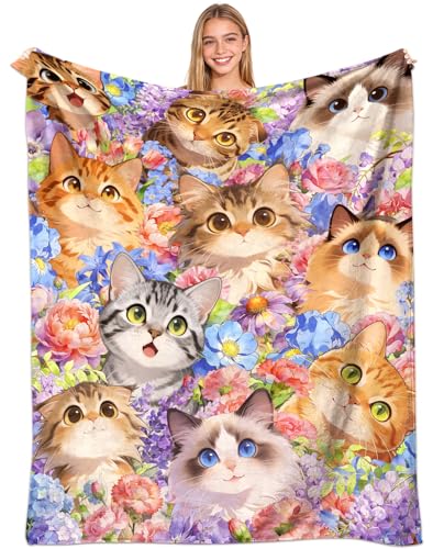 Cat Blanket Gifts Soft Warm Flannel Cats Throw Blanket Cute Cat Themed Lovers Gifts for Couch Bed Travel 50"x40" - color: Blue Cat