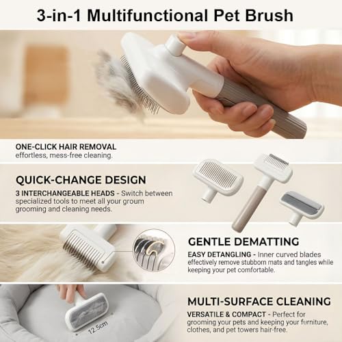 3 in 1 Self-Cleaning Pet Grooming Brush Set for Dogs & Cats | Self-cleaning deshedding & slicker brushes plus hair remover tool, ideal for indoor long and short haired pets