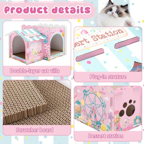 Lineshading 2 Story Cardboard Cat House with Scratcher Pad, Multi Level Durable Cat Scratcher House for Small Kitten Bunny Rabbit Animals Christmas Birthday Gift(17x12x10,Confectionery) - style: Confectionery