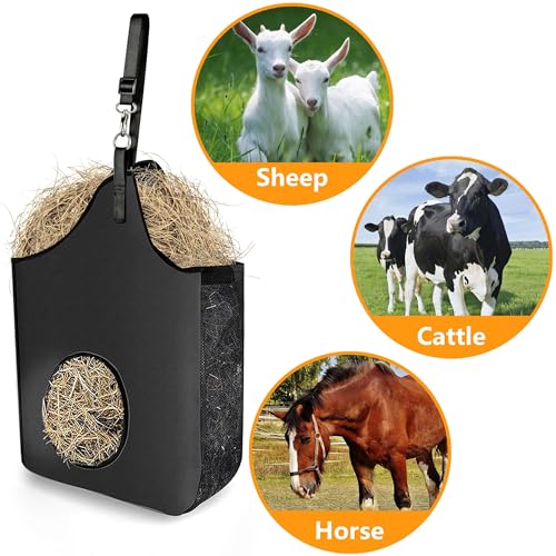 Hay Bag Hanging Goat Feeder Tote with Adjustable Strap | Premium Oxford Cloth with metal ring,Breathable mesh sides,for Horses Donkeys Cows Alpacas Ostriches & Other Animals,Black - color: black-1