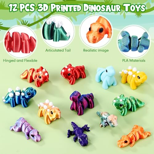 Honoson 12 Pcs 3D Printed Animals 5-7cm, Dinosaur | Articulated Fidget Animals, Flexible 3D Printed Figures for Stress Relief, Cute Mini Joints for Party Favors and Display - size: 5-7cm, style: Dinosaur
