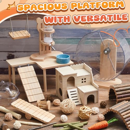 40 Pcs Hamster Cage Accessories, 9.5'' Exercise Wheel, Wood Platform Hideout House, Water Bottle, Sand Bath, Bowl, Chew Toy for Syrian Hamsters Mice Gerbils Habitat Decor(Active Style) - style: Active Style