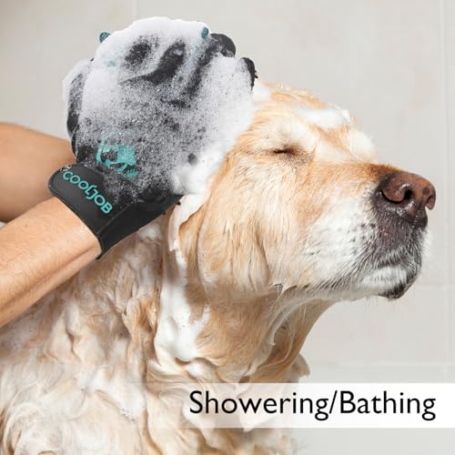COOLJOB Patented Pet Grooming Gloves with Web, Reusable Washable Cleaning Brush Massage Hair Remover for Short Long Haired Dog Cat Horse Animal, Washing Bathing Shedding Supplies, Large, Blue Black - size: Large