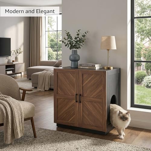 unipaws Tall Cat Litter Box Enclosure for Tall or Top Entry Litter Box | Hidden Litter Box Cover with Shelves, Kitty Enclosed Litter Box Cabinet, Cat Box Furniture - color: Walnut and Black