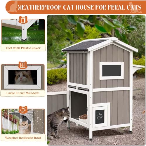 Outdoor Cat House Weatherproof Cats Shelter for Feral Kitten Pet Houses for 1-2 Small Animlas 2 Story Wooden Houses for Indoor Outdoor Cats with Escape Doors (23.5" L x 27" W x 38" H Grey) - style: 23.5"L x 27"W x 38"H GREY