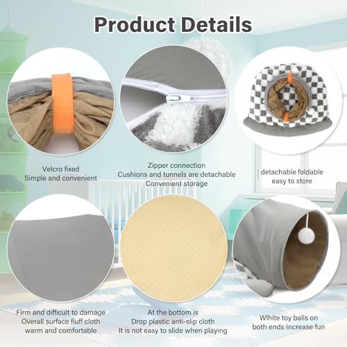 BWOGUE Bunny Tunnel Bed, 2-in-1 Rabbit Tunnel Hideout with Mat, Gray | Removable Mat for Washing, Ball Toy for Play, Tunnel Tubes for Hiding, Soft Suede Fabric, Cats Rabbits Guinea Pigs - color: Gray