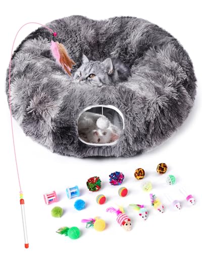 Cat Tunnel Bed with 20 Pcs Interactive Toys, 3-in-1 DIY Collapsible Plush Cat Tube with Washable Mat, Large Indoor Play Tunnel Cave for Kittens and Small Animals - color: Charcoal Gray