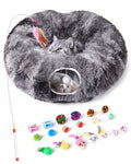 Cat Tunnel Bed with 20 Pcs Interactive Toys, 3-in-1 DIY Collapsible Plush Cat Tube with Washable Mat, Large Indoor Play Tunnel Cave for Kittens and Small Animals - color: Charcoal Gray