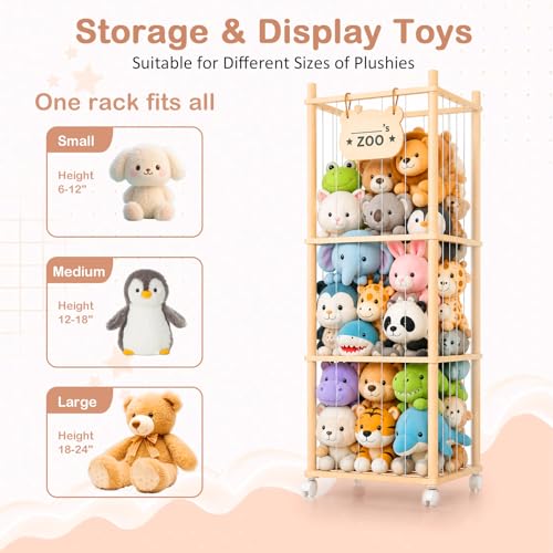 Stuffed Animal Storage, Stuffed Animals Organizer Holder Zoo, 53.54" Large Wooden Plushies Storage with Wheels, Stuffed Animal Cage for Playrooms, Bedrooms, Living Room