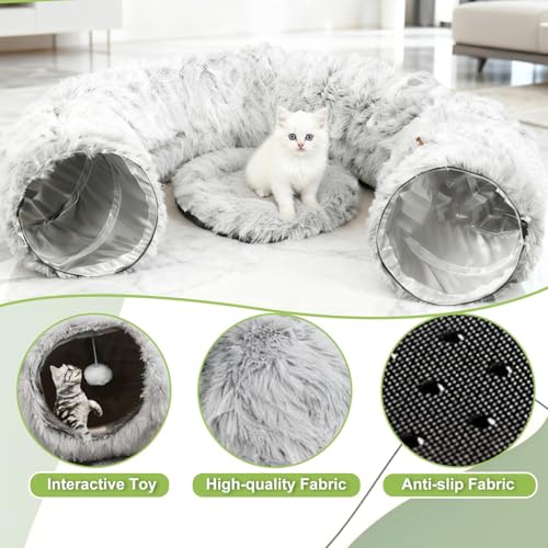 Cat Tunnel Bed for Indoor Cats, Plush Donut Tunnel with Washable Cushion | Peekaboo Cat Hideaway Cave Toy for Kittens, Puppy, Rabbit and Small Pets, Grey