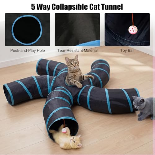 Bemodst Cat Tunnel for Indoor Cats, 5 Way Cat Tubes and Tunnels Collapsible S-Shape Small Animal Tubes Kitty Tunnels Interactive Maze Cat Toy for Kitten Rabbit Ferret - 5 Way - color: Black&Blaue 5 way
